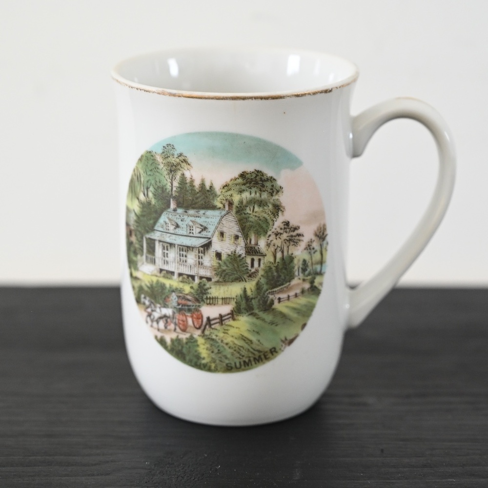 Currier & Ives Mid Century Gold Rim Seasons Mug | Summer